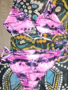 OP Pink and Black Palm Print Bikini